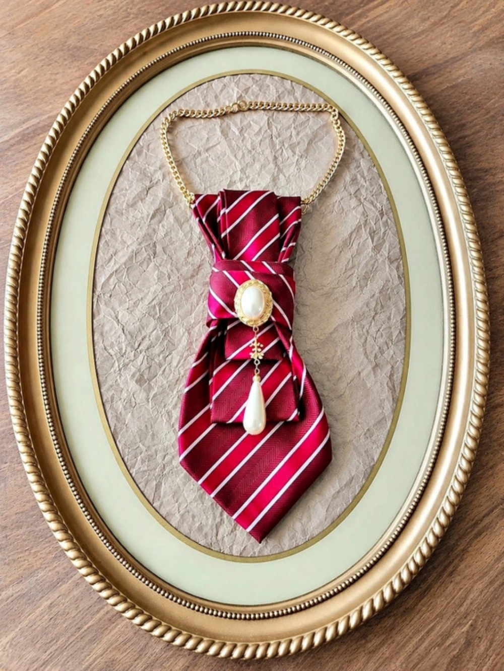 Giorgio Armani Vintage Silk Tie Striped Necklace With Brooch. Made In Italy